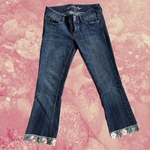 American Eagle Blue Flare Wide Leg Jeans with Floral Hem